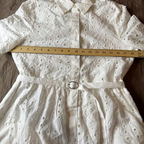 Zara women’s Medium White Cotton Eyelet Shirt Dress Belted Lined Pockets - Picture 11 of 12